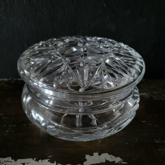 Antique Cut Crystal Powder Jar, Trinket Dish, Covered Stash Jar, Dresser Box - Picture 1 of 5